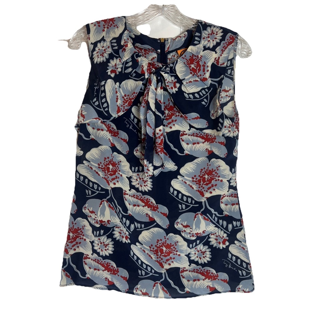 Tory Burch Sleeveless Navy Red White Floral Tie Front Silk Blouse Size 4